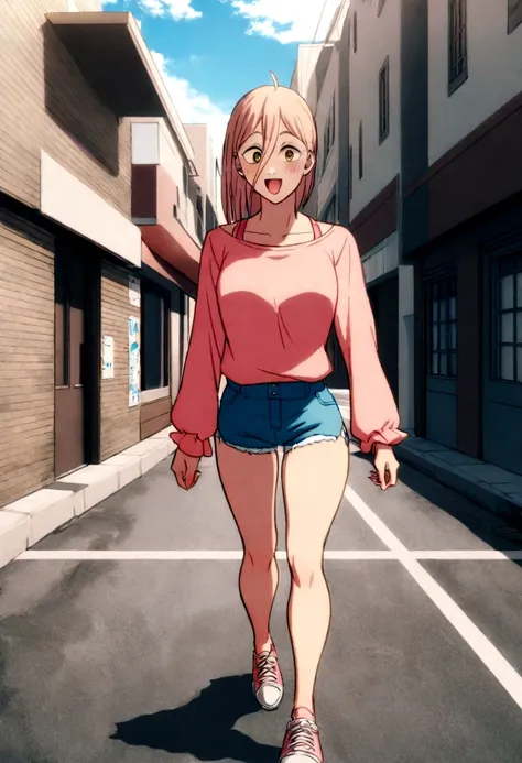 1 garora, wearing a short pink blouse , and short shorts walking around town