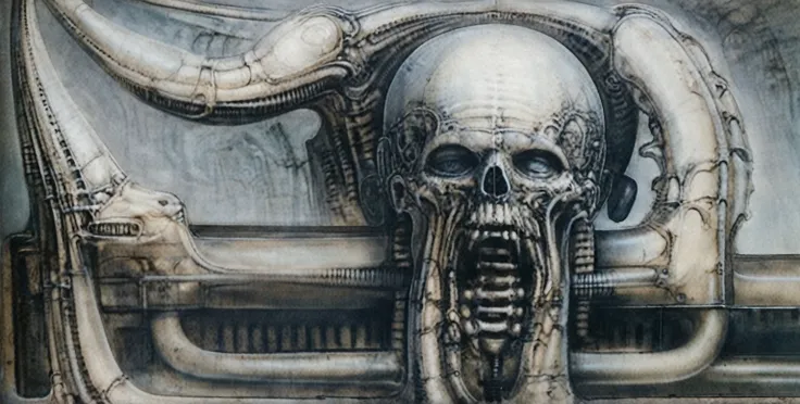 g1g3r, the image is a detailed view of h.r. giger's \" landscape xvi \" plate, featuring a complex network of bones and organs i...