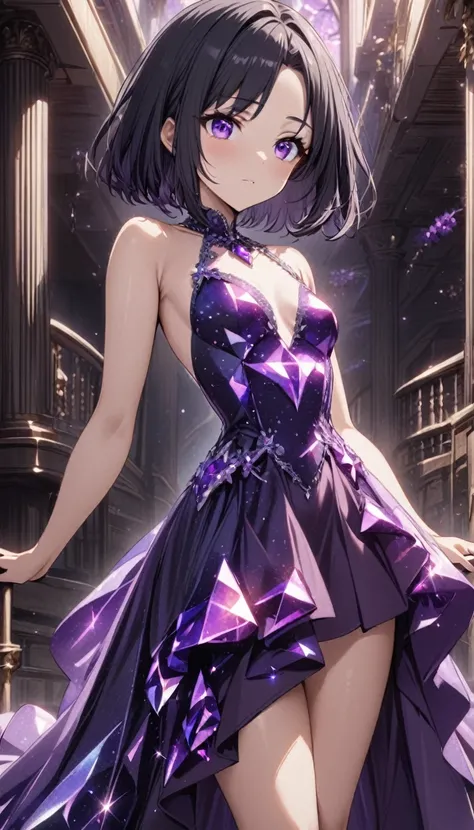 1girl,one length bob cut hair,parted_bangs,black hair,purple eyes,small breasts,amethyst crystalline dress