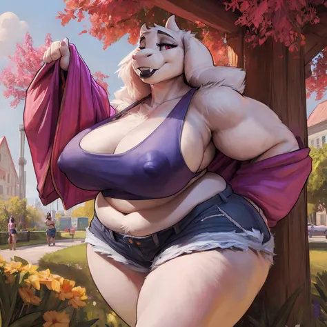 by darkgem, by duase, by bng, solo, 1girl, toriel, maroon eyes, female, older woman, furry body, chubby, heavyset, broad shoulders, wide body, wide hips, thick thighs, big arms, heavy breasts, nipple outline, highly detailed eye, (black pupil:1.3), milf, t...