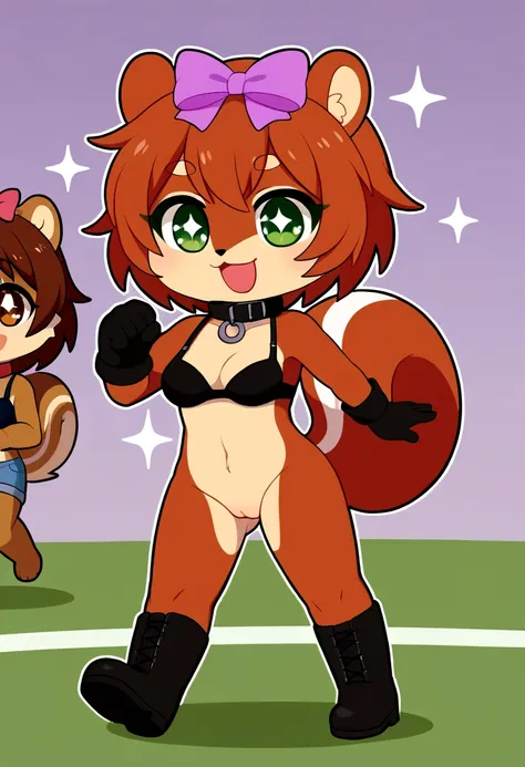 boy and girl, squirrel, furry, bodyfur, tail, collar, bra, bottomless, gloves, boots, chibi, sparkling eyes, idol, hair bow, happy, full body, penis, testicles, some perfect pussy, running, ground