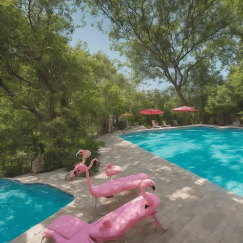 swimming pool with a duck float, a flamingo float and a beach ball, beach chairs around the pool and trees