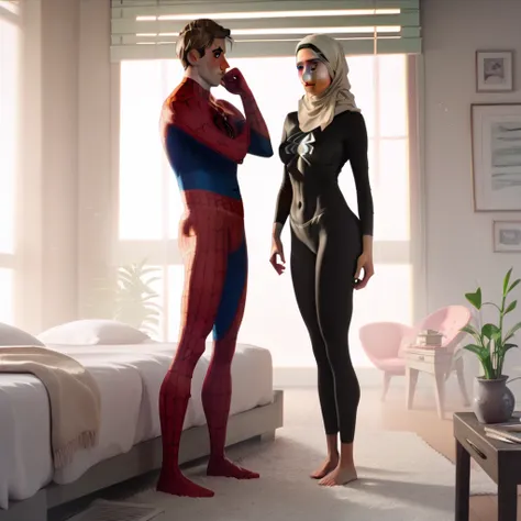 Pale skin Woman in black tight hijab standing in bedroom with  her valentine Peter parker superhero marvel full body valentine two people 