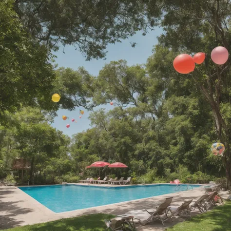 swimming pool with a duck float, a flamingo float and a beach ball, beach chairs around the pool and trees