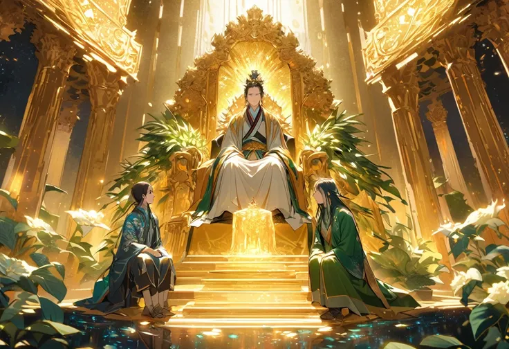 show a meeting between 2 people, a jade Emperor seated on a magnificent golden throne in the heavenly realm looks to a young farmer who is in simple clothing stands respectfully before him . Surround them with  vibrant celestial flora under a soft, golden ...