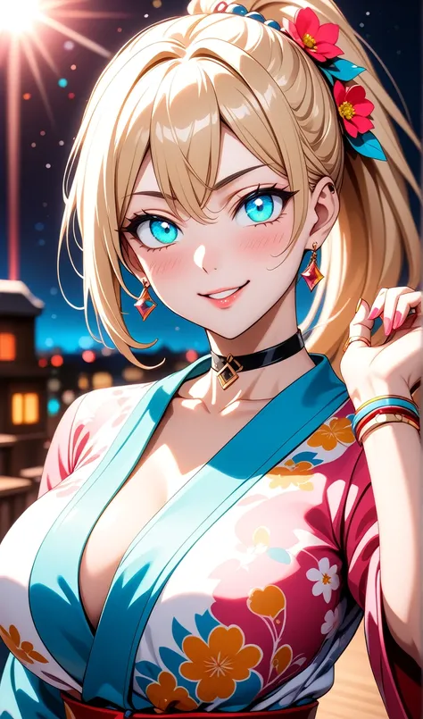 ((One personの女性)), Beautiful Face, ((smirk)),((Wink:2.0)), head tilt, Laugh with your mouth wide open,((Bright red cheeks:1.4)),Shiny red lips,night,rooftop,You can see the ocean, firework,Laughing with your mouth open,Glossy pink lips,Facial lighting,((An...