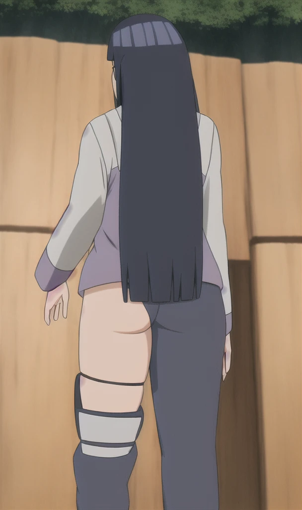 Hinata, Standing,from back,Without a shirt,The pants are pulled down and the top is exposed The butt,forest, rock, Tafah, Best quality, Detailed face, Detailed eyes, High accuracy,Purple Hinata pants,She puts her hand inside her pants and scratches her but...