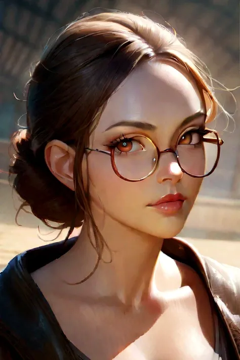 best quality, masterpiece,  (realistic:1.2), 1 girl, brown hair, brown eyes,Front, detailed face, beautiful eyes, glasses, one piece