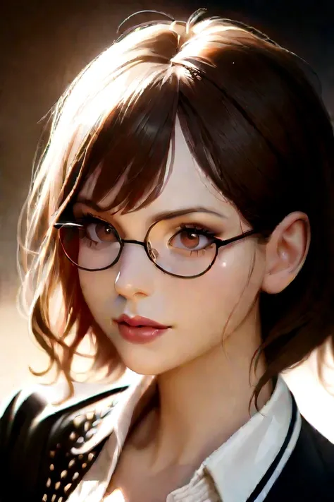 best quality, masterpiece,  (realistic:1.2), 1 girl, brown hair, brown eyes,Front, detailed face, beautiful eyes, glasses, one piece