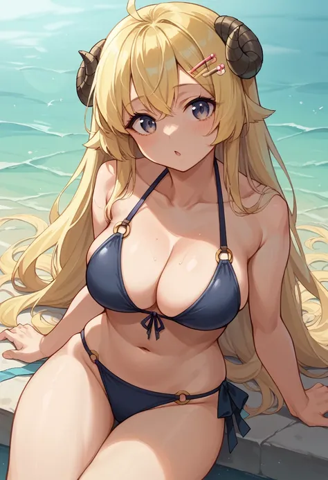 (masterpiece,Highest quality),Intricate details,One girl,Watame Base,Swimwear,bikini,Long Hair,Ahoge,Hair Clip,nsfw