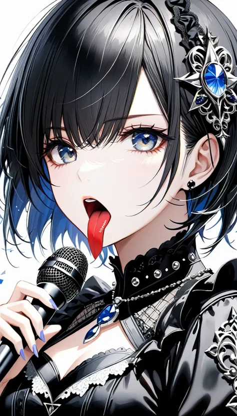 (((White background:1.2)))、masterpiece、Ultra HD、Swedish metal rock girl singing with a microphone, An intense gaze staring upwards, Gothic makeup, Intricate details, Highly detailed eyes, Gothic Dress, Flash photography, Intricate details、Black short hair、...