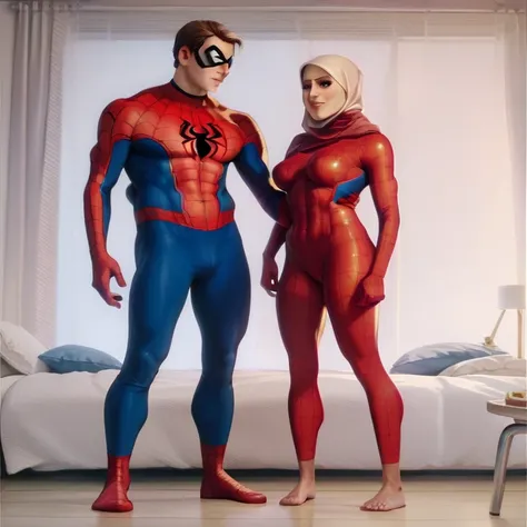 Pale skin Woman in black tight hijab standing in bedroom with  her valentine Peter parker superhero marvel full body valentine two people night 