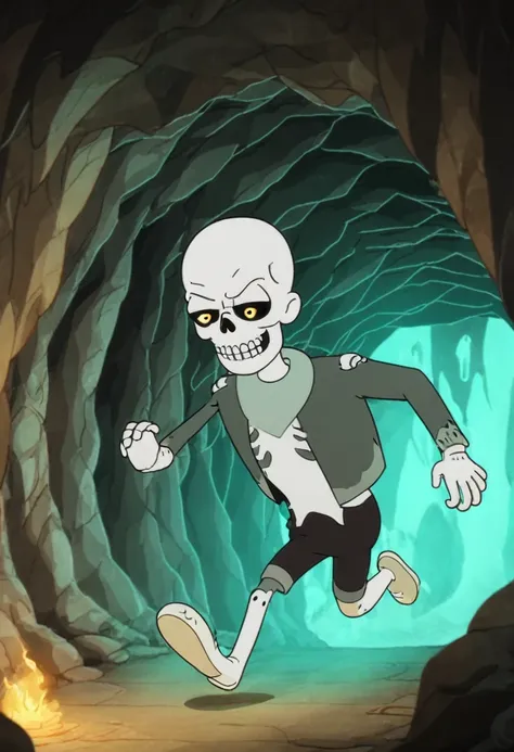 skull head, running away from ghosts, inside a cave, in cartoon animation style, 4k, quality