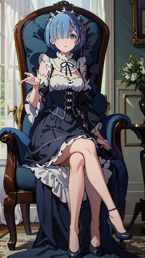 detailed full hd 4k rem sat in an armchair wearing a beautiful and long ball gown