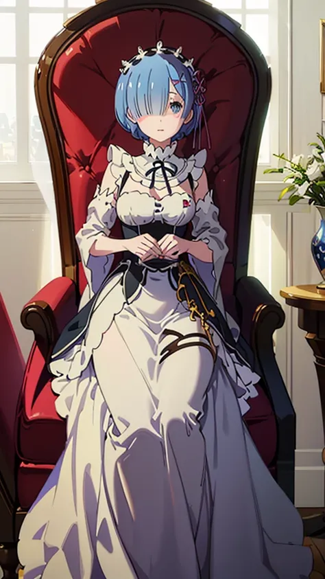 Detailed full HD 4K Rem sat in an armchair wearing a beautiful and long ball gown 