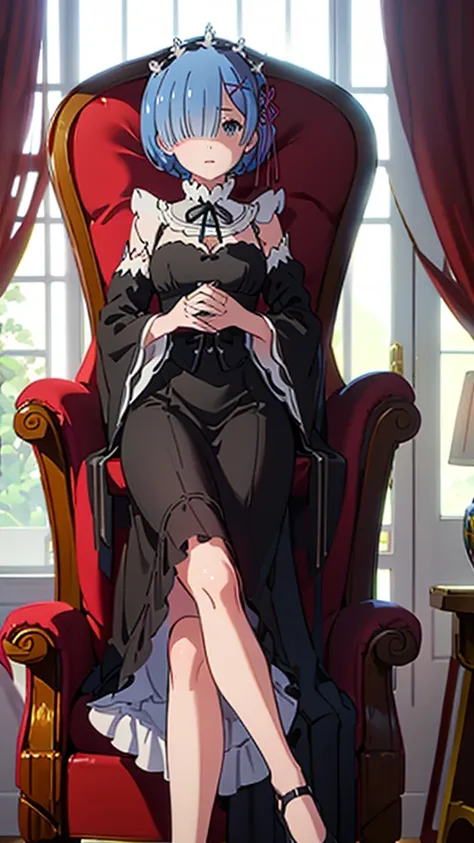 detailed full hd 4k rem sat in an armchair wearing a beautiful and long ball gown