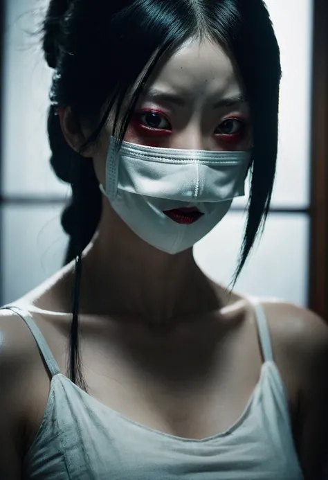 a woman with a red scar across her mouth, kuchisake-onna, detailed facial features, detailed eyes, detailed nose, detailed lips, long black hair, pale skin, wearing a surgical mask, horror, dark mood, chiaroscuro lighting, cinematic composition, dramatic l...