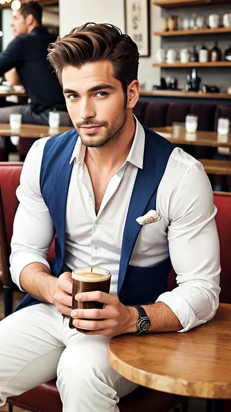 A sexy handsome man in a cafe, sitting and drinking coffee, homoerotic, handsome face, gorgeous hair, fashionable clothes 