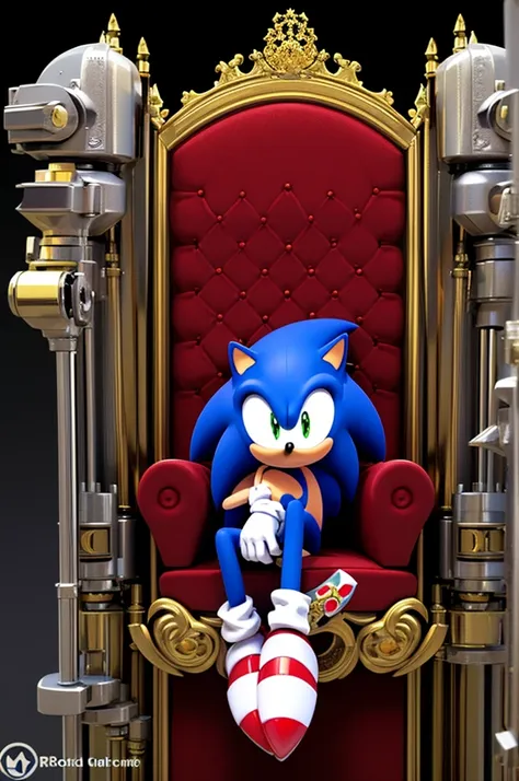 a full shot of a male character, a hedgehog, oc, ((sonic oc)), (sitting on a throne made with parts of machines)