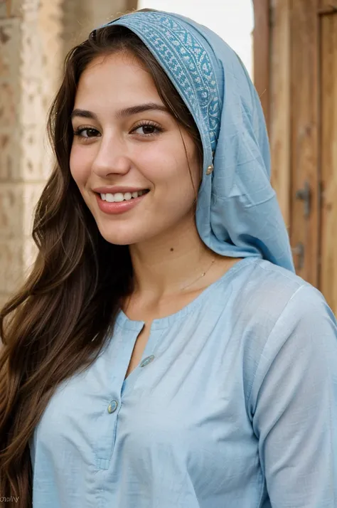 a photo-realistic portrait of a beautiful Palestinian woman with long brown hair, blue shirt, white teeth, and a cute smile, with highly detailed and realistic facial features, modest expression, and realistic white skin tone