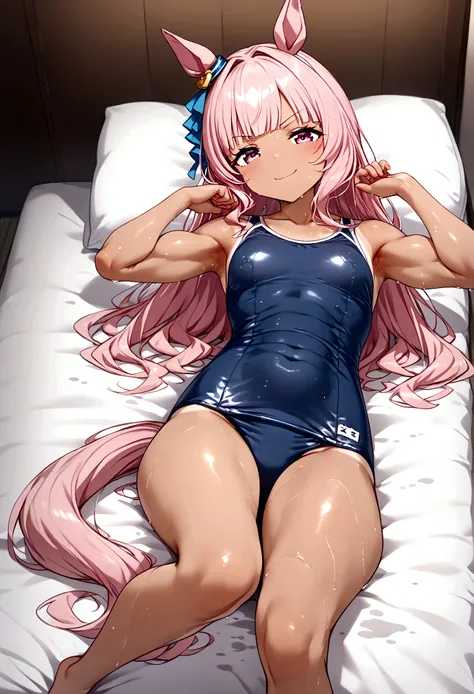 (extremely young youthful tiny fastest agile child:1.4) Urara Haru(umamusume),1girl, small breasts, laying on viewer, tan, sweaty, (amidst a stunning massive toned extremely powerful strong pronounced muscle tone pronounced tight side-defined build:1.3) wi...