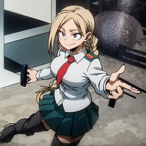 1girl, female focus, boku no hero academia, masterpiece, best quality, very aesthetic, cowboy shot, big breasts, long braid hair, brown hair, purple eyes, smirk, gray jacket, red tie, white shirt, teal skirt, gray tights, boots 