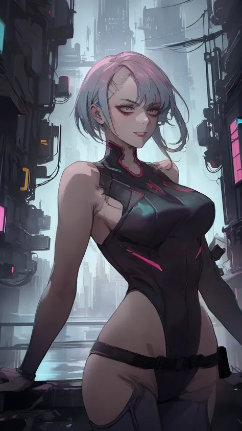 16K, RTX, HDR, best quality, masterpiece, detailed, sexy woman, high detailed eyes, , slim, fit, beautiful, cool, edgy, pretty, wearing a sexy sleeveless body suit, stylish, futuristic, random heroic pose, smug smile, short stylish hair, jewelry, textured,...