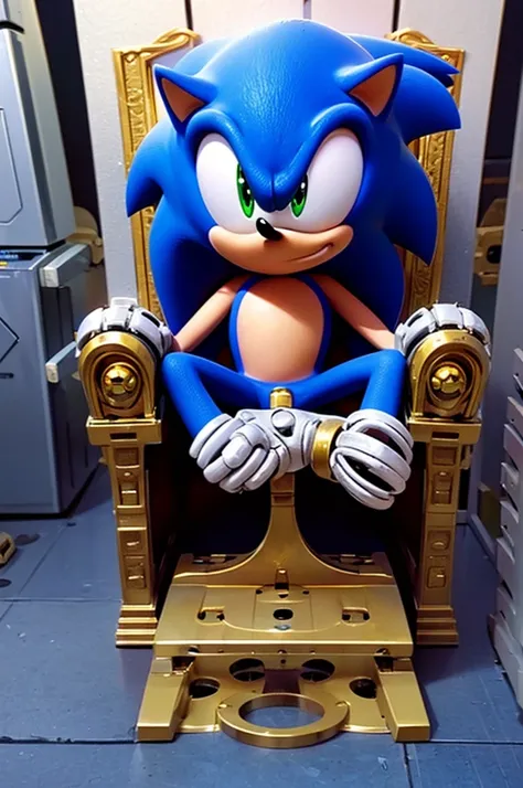 A full shot of a male character, a hedgehog, OC, ((sonic OC)), (Sitting on a throne ((made with parts of machines)))