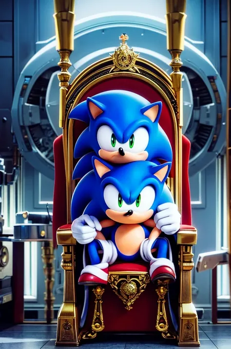 a full shot of a male character, a hedgehog, oc, ((sonic oc)), (sitting on a throne ((made with parts of machines)))