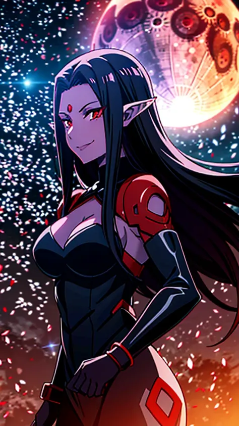 1girl,mature female,30s,sensual face,black armor,cleavage,medusa hair,sexy,pointy ears,black hair((red skin,colored skin)),night,red moon,night sky,floating,upper body,smile,dancing on sky