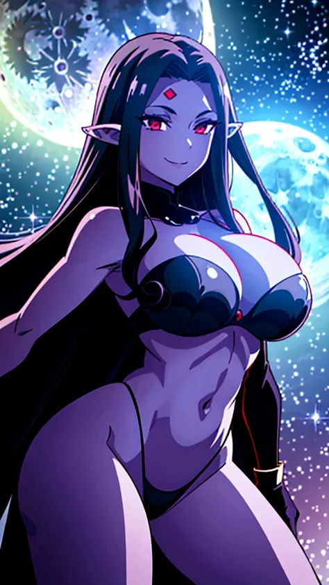 1girl,mature female,30s,sensual face,black armor,cleavage,medusa hair,sexy,pointy ears,black hair((red skin,colored skin)),night,moon,night sky,floating,upper body,smile,dancing on sky