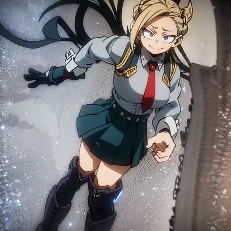 1girl, female focus, boku no hero academia, masterpiece, best quality, very aesthetic, cowboy shot, big breasts, long braid hair, dark brunet hair, purple eyes, smirk, gray jacket, red tie, white shirt, teal skirt, gray tights, boots 