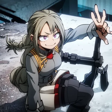 1girl, female focus, boku no hero academia, masterpiece, best quality, very aesthetic, cowboy shot, big breasts, long braid hair, dark brunet hair, purple eyes, smirk, gray jacket, red tie, white shirt, teal skirt, gray tights, boots 