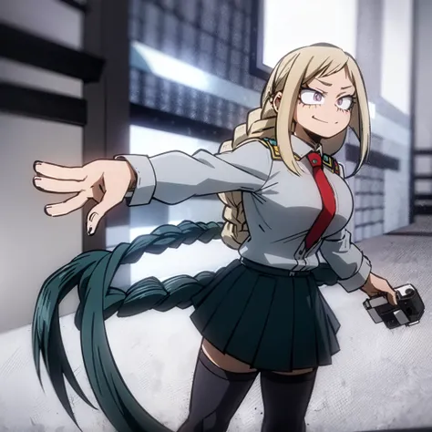 1girl, female focus, boku no hero academia, masterpiece, best quality, very aesthetic, cowboy shot, big breasts, long braid hair, dark brunet hair, purple eyes, smirk, gray jacket, red tie, white shirt, teal skirt, gray tights, boots 