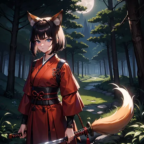 Masterpiece, best quality, one fox girl, brown fox ears and tail, has has black short hair, Blue eyes, beautiful eyes, wears Samurai clothes, forest, holding katana, Night, Stars and Moon in the sky, Forest background, serious face