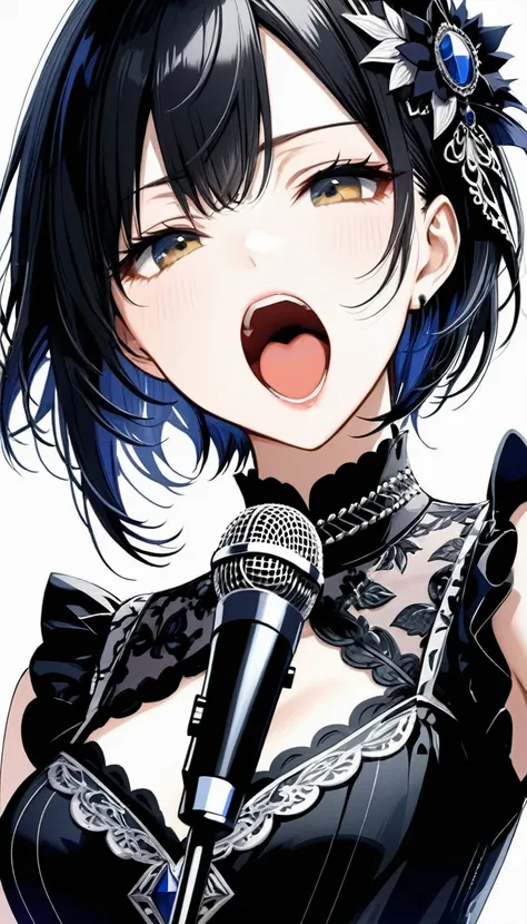 (((White background:1.2)))、masterpiece、Ultra HD、(Swedish metal rock girl singing with a microphone),  Intricate details, Highly detailed facial expressions, Gothic Dress, Intricate details、Black short hair、Open your mouth and sing joyfully、Upper body refle...