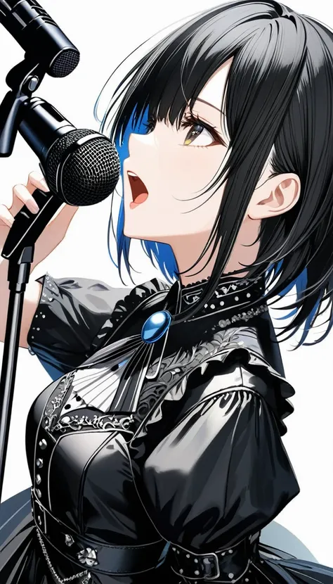 (((White background:1.2)))、((((very wide shot:1.2))),masterpiece、Ultra HD、(Swedish metal rock girl singing with a microphone),  Intricate details, Highly detailed facial expressions, Gothic Dress, Intricate details、Black short hair、Open your mouth and sing...