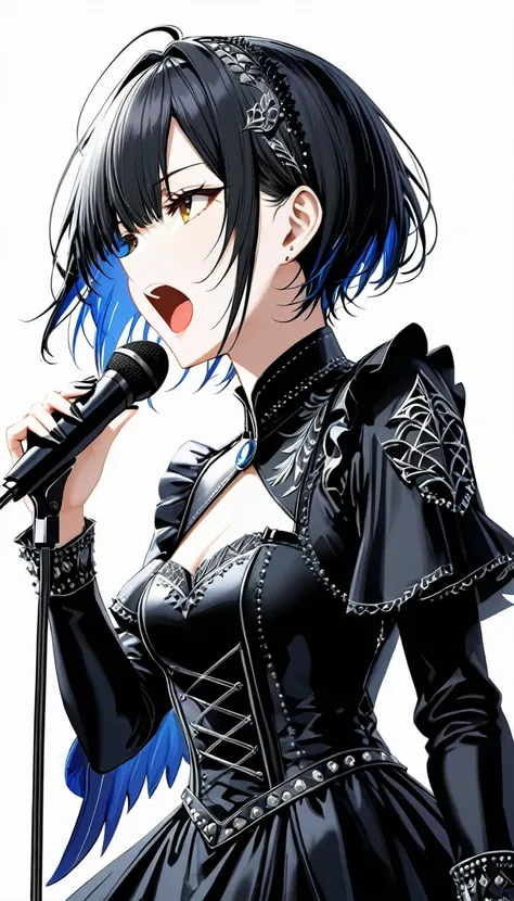 (((White background:1.2)))、((((very wide shot:1.2))),masterpiece、Ultra HD、(Swedish metal rock girl singing with a microphone),  Intricate details, Highly detailed facial expressions, Gothic Dress, Intricate details、Black short hair、Open your mouth and sing...