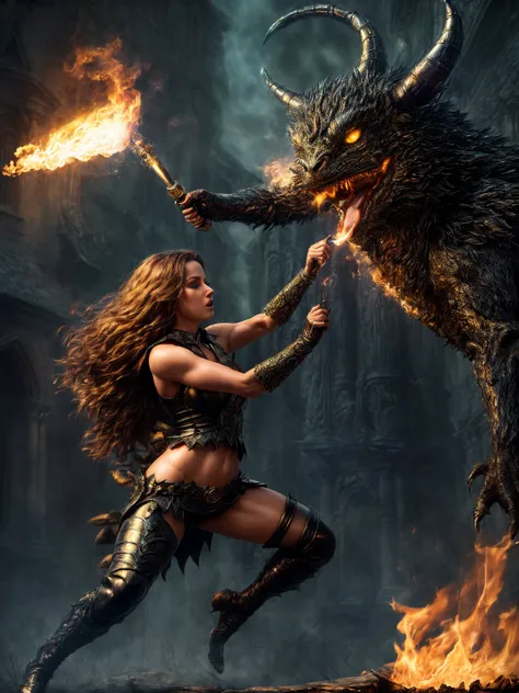 (Award-winning masterpiece:1.5), (incredible detail), (hyper realistic:1.4), (whole body:1.7), (witch charging with a torch), (brutal creature trying to shield itself), (fire reflecting in the creatures eyes), (detailed combat scene), (dramatic lighting), ...