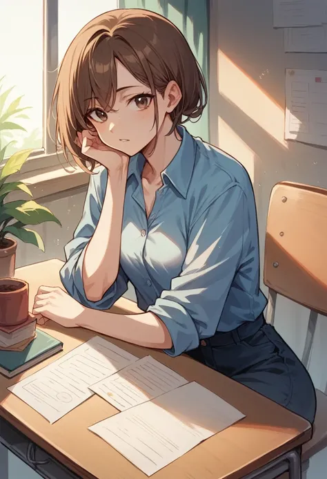 SLIM WOMAN IN BLUE CASUAL CLOTHES SITTING AT DESK WITH BROWN HAIR BROWN EYES 