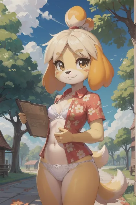 isabelle (animal crossing), furry, yellow skin, ((red floral shirt, open clothes, white bra, white panties)), tail, looking at viewer, serious, standing, outside, plaza, hands on hips, trees, blue sky, high quality, masterpiece, :3, uper body, small breast...