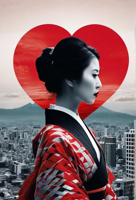 **Horizontal triptych Fusion Collage, multiple Exposure (Japanese Skyline, Heart, Love, Beauty), maximalist Environment, surreal female Samurai Illusion portrait, minimalist and ethereal, Red black white, boundaries dissolve the face of a woman in quiet co...