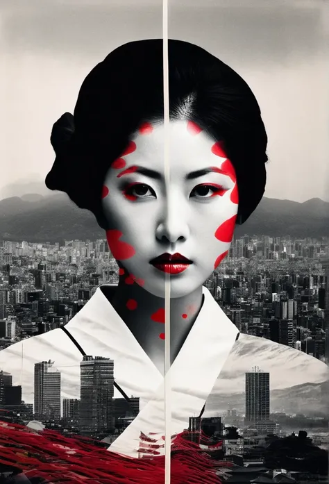 **Horizontal triptych Fusion Collage, multiple Exposure (Japanese Skyline, Heart, Love, Beauty), maximalist Environment, surreal female Samurai Illusion portrait, minimalist and ethereal, Red black white, boundaries dissolve the face of a woman in quiet co...