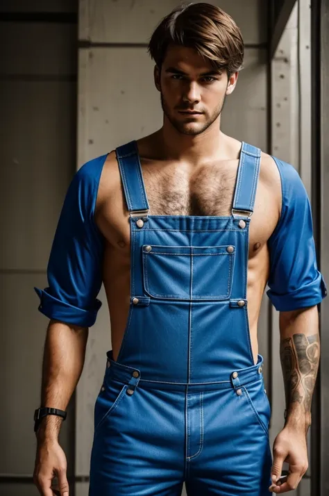 I need a young man in electric blue overalls that has his name on the chest and a security seal on the arm.