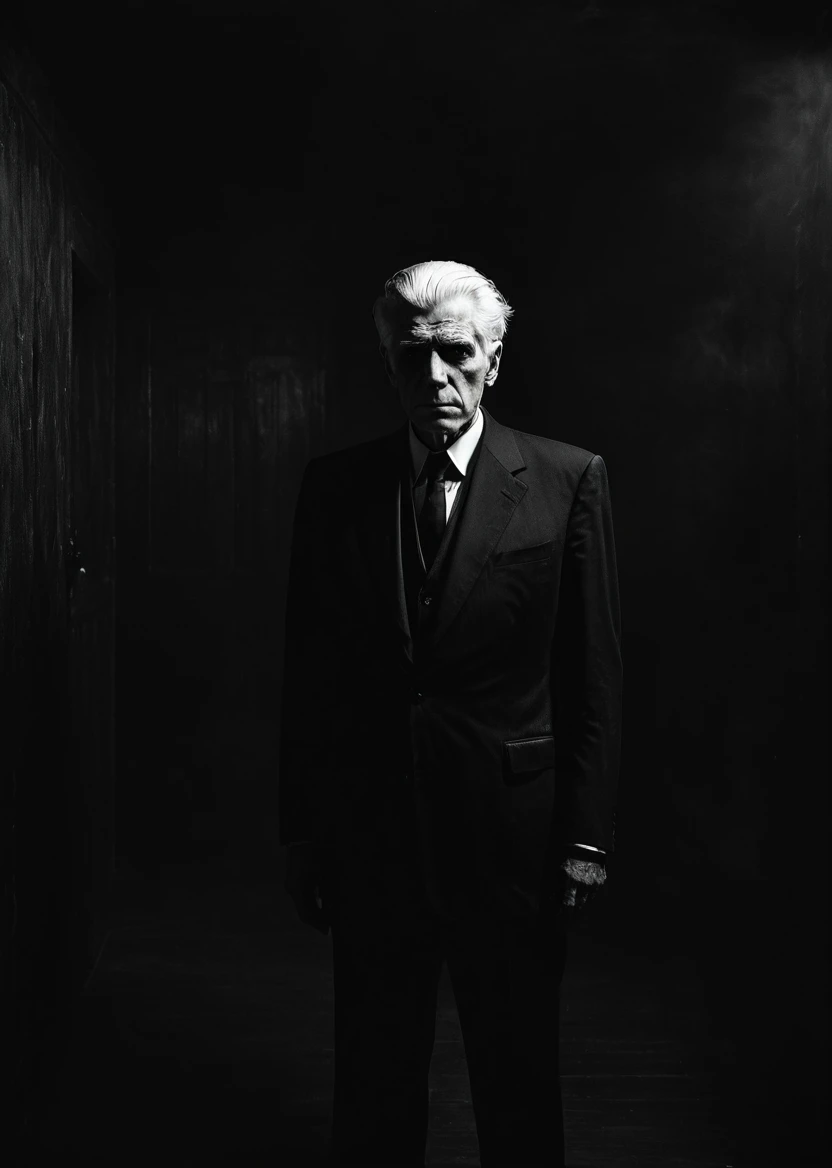 A old ghost George Watson man white hair black suit on the dark room