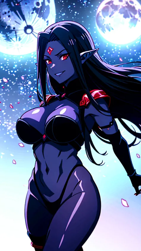 1girl,mature female,30s,sensual,black armor,cleavage,medusa hair,pointy ears,black hair((red skin,colored skin)),night,moon,night sky,floating,evil smile,dancing on sky