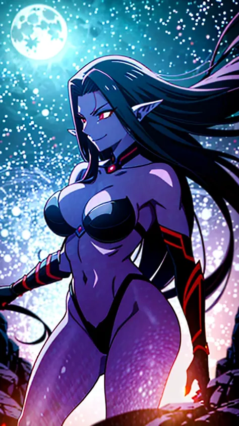 1girl,mature female,30s,sensual,black armor,cleavage,medusa hair,pointy ears,black hair((red skin,colored skin)),night,moon,night sky,floating,evil smile,dynamic pose