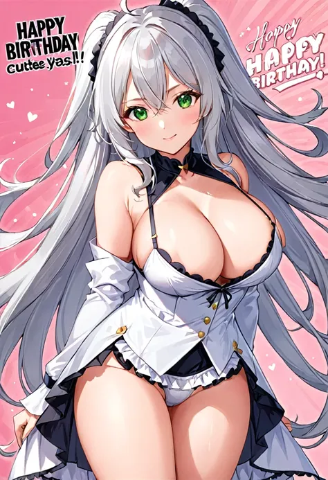 card, sexy waifu, long silver hair, green eyes, anime style. Busty, cute outfit, with the words "happy birthday"