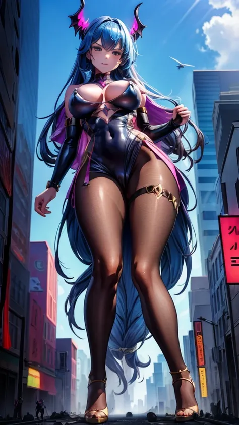 A colossal giantess succubus walks into a tiny city, breaking the floor and everything with her heels, she looks down and mocks you as you see him from below her tiny tits, full bodysuit  and long legs covered all in transparent pantyhose, look down, evil,...