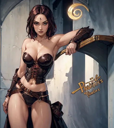 (((Solo character image.))) (((Generate a single character image.)))  (((Dressed in medieval fantasy attire.))) (((Very sexy facial expression.))) (((She is considered very sexually attractive.))) Create a captivating and enigmatic female warrior reminisce...